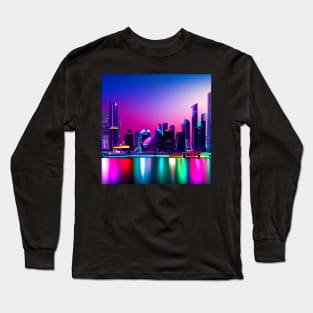 Ai Generated Art Scenery - Futuristic City With Beatiful Lighting Behind Iluminated River Long Sleeve T-Shirt